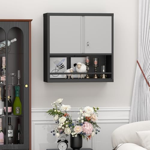 Metal Wall Cabinet, Steel Floating Hanging Storage Cabinet with Locking Doors...