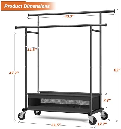 Clothes Rack 210 LBS Double Rods Extra Storage Basket
