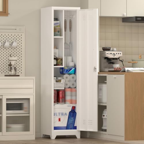 Slim Broom Storage Cabinets, Metal Cabinet with Shelves and Hanging Rod, 15.7...