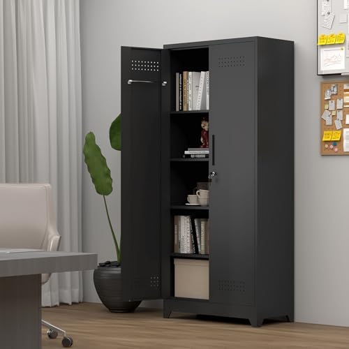Metal Locking Cabinet, 72.8" Tall Storage Cabinet for Broom, Garage Stor...