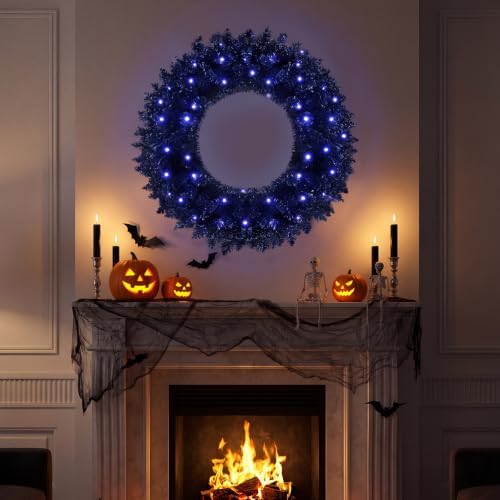 Goplus 24" Black Christmas Wreath with 35 Purple LED Lights, for Halloween