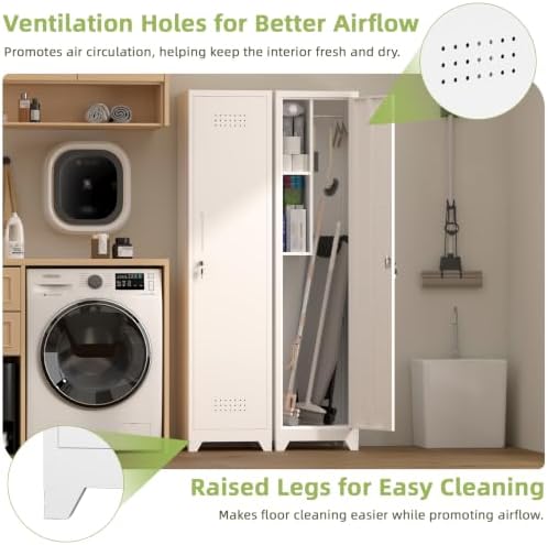 Slim Broom Storage Cabinets, Metal Cabinet with Shelves and Hanging Rod, 15.7...