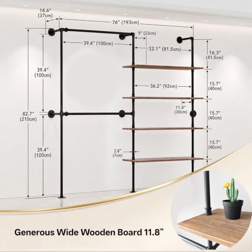 Wall Mounted Clothing Rack, Heavy Duty Pipe Closet, Pine Shelves, 76 In