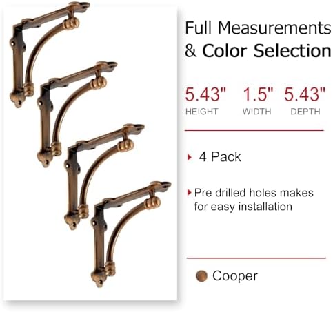 NACH Decorative Shelf Brackets, 4 Pack of 5.25 x 1.25 x 5.25 inch Copper Cast...