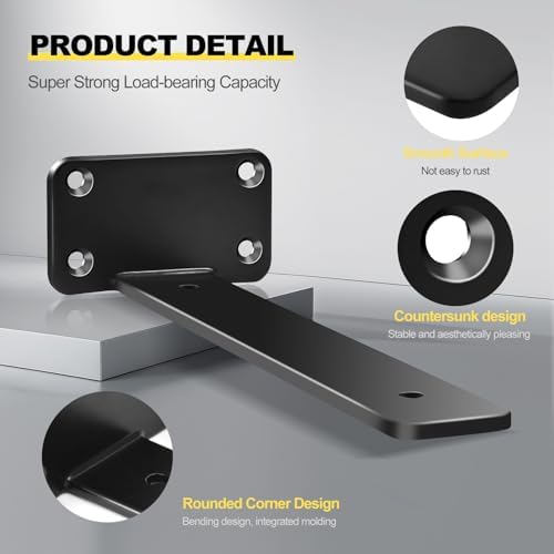 8 Pack - 8 inch Black Hidden L Shelf Bracket (1/5 Inch Thicked) Iron Floating...