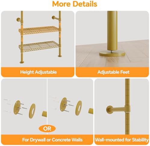 Higeego W5 Industrial Pipe Clothes Rack, Heavy Duty Clothing Rack, Gold