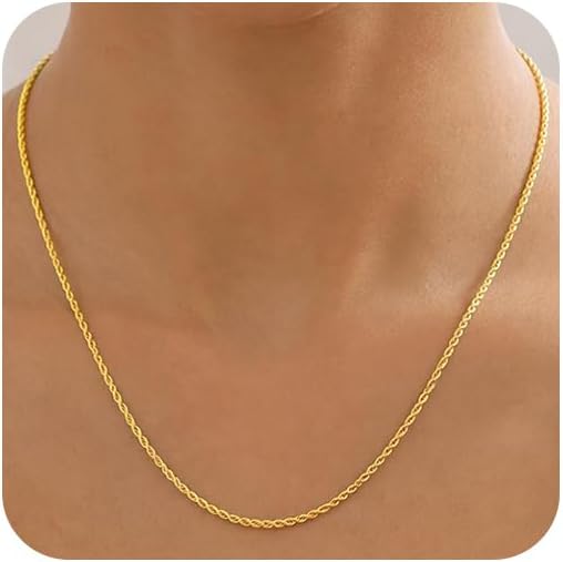 2mm Gold Rope Chain Necklace for Women & Men, 18K Gold Plated 925 Sterling Silver, Gold Necklace with Detachable Extender Chain and Gift Box, Classic Jewelry Available In 16-30 Inches