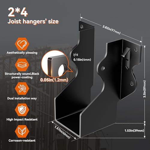 50 Pcs 2x4 Joist Hangers Black,18 Gauge Face Mount Joist Hangers 2x4 Deck, Ra...
