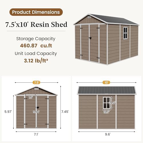 UDPATIO Outdoor Resin Storage Shed 7.5x10 FT, Plastic Shed for Garden,Brown