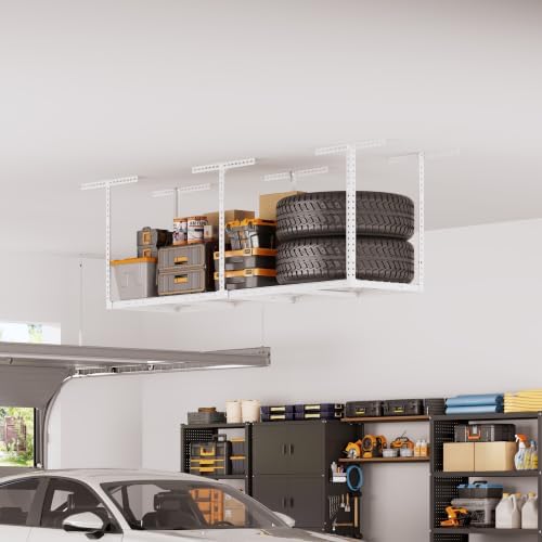 2x8ft Overhead Ceiling Garage Storage Rack, 400LBS Capacity, White