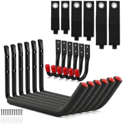 18-Piece Heavy Duty Garage Storage Hooks - 6x15” Jumbo Garage Hooks with EVA Padding (120 LB Capacity) + 6x3.5” Utility Hooks & 6 Storage Straps, Wall Rack for Kayak, Bike, Surfboard, Ski, Ladder