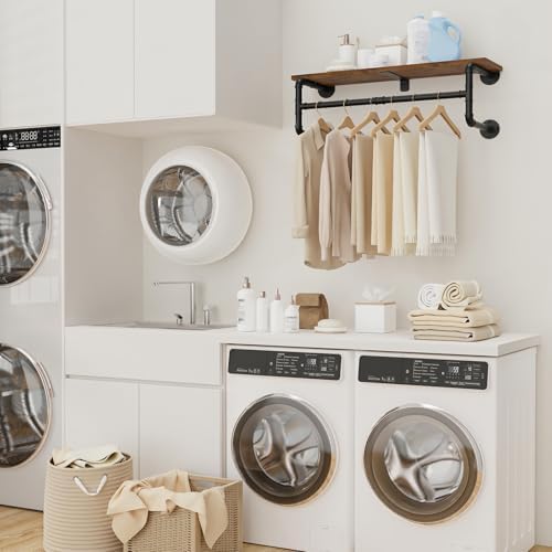 Yawinhe Industrial Pipe Clothing Rack with Shelves,Closet Rod,Rustic Brown