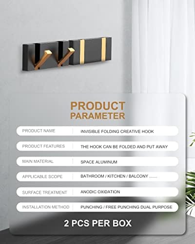 2 Pack，Waterproof Black Gold Wall Hooks，Foldable Towel Hooks for Bathrooms，Co...