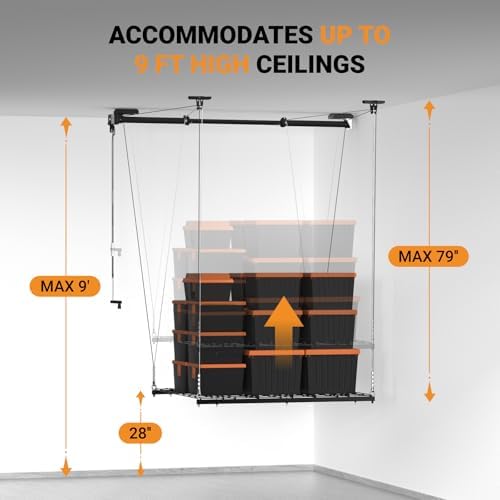 Adjustable Overhead Garage Storage Rack, 4x4ft Garage Ceiling Storage Lift, H...