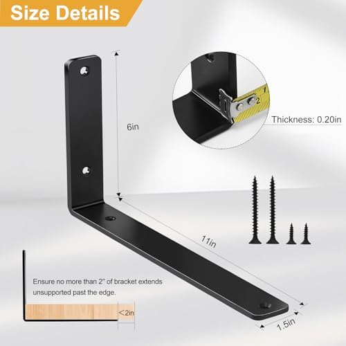 8 Pack - L 11" x H 6" x W1.5, 5mm Thick Black L Shelf Bracket, Iron...