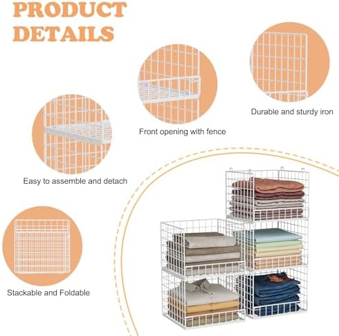 5-Tier Stackable Closet Organizers and Storage Baskets, Closet Shelf Organize...