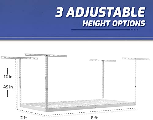 SafeRacks 2x8 Overhead Garage Storage Rack, White, 24"-45" Height