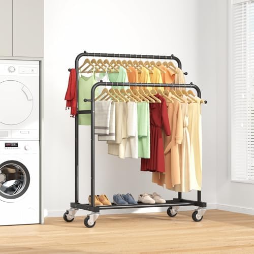 Laiensia Double Rods Garment Rack with Wheels, Clothing Rack for Hanging Clot...