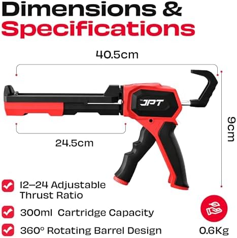 JPT Caulking Gun, 440 lbs High Thrust, 10 oz, 12:1-24:1 Adjustable Ratio,