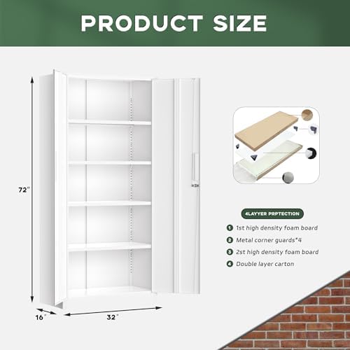 Greenvelly White Metal Storage Cabinet for Garage, 72” Steel Locking Cabinet ...