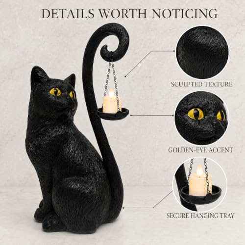 Black Cat Candle Holder Statue Halloween Decor Gothic Cat Lamp Decoration