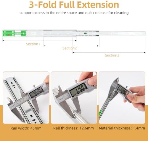 5 Pairs 22 Inch Full Extension 3-Fold Adjustable Drawer Slides Soft Close
