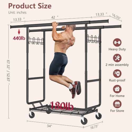 Hoctieon 2-Minute Assembly Double Rod Clothes Rack, Heavy Duty Rolling Clothi...