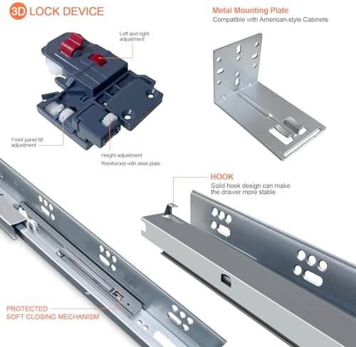 4 Pair 21 Inch Undermount Soft Close Drawer Slides Full Extension Concealed B...