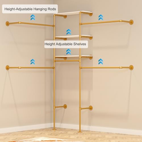 KaKaBB Heavy Duty Gold Pipe Clothing Rack - Wall Mounted Industrial Clothes R...