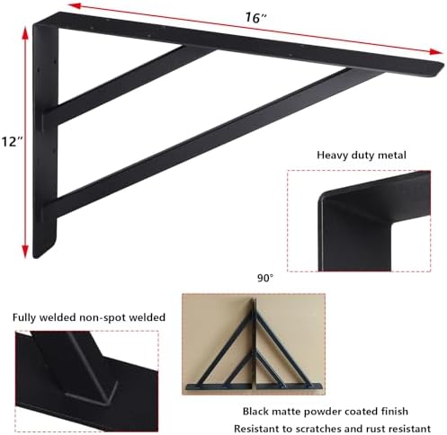 2Pcs Heavy Duty Shelf Bracket Countertop Support Brackets 16"x12" W...