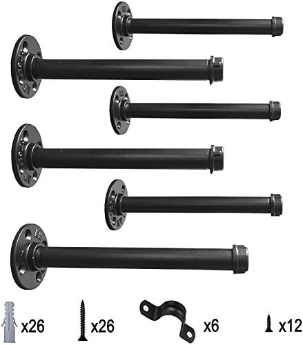 Industrial Black Iron Pipe Shelf Brackets –12 Inch Set of 6, Heavy Duty Rusti...