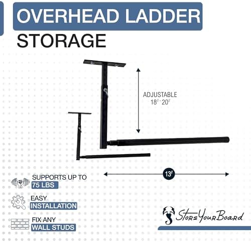 StoreYourBoard Adjustable Overhead Ladder Rack – Garage Organizer Ladder Shel...