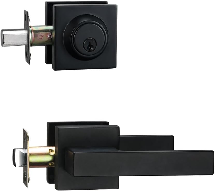 Matt Black Front Door Lockset, Exterior Door Lock with Deadbolt, Black Door H...