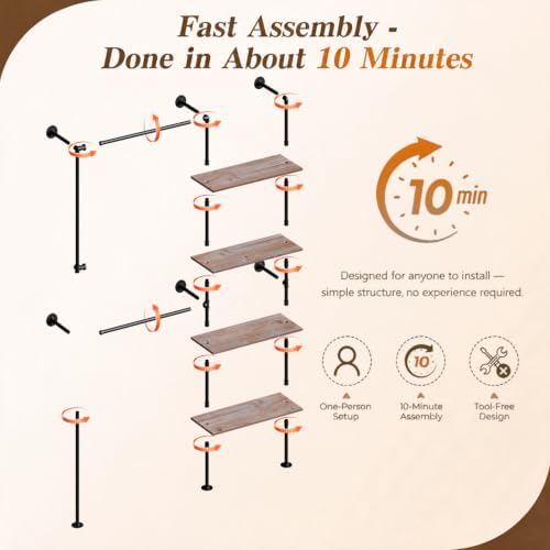 Wall Mounted Clothing Rack, Heavy Duty Pipe Closet, Pine Shelves, 76 In