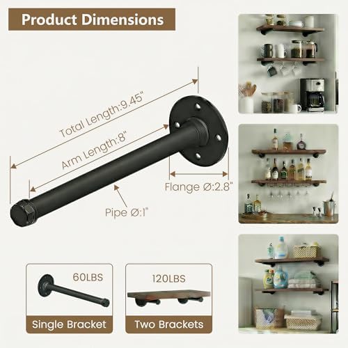 8 Inch Industrial Pipe Shelf Brackets Set of 8, Black Wall Shelving