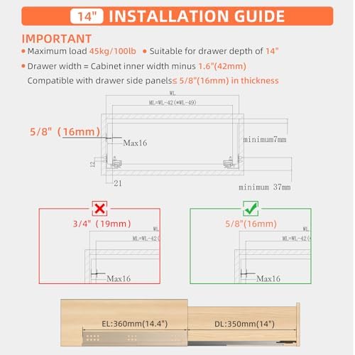 14 Inch Soft Close Undermount Drawer Slides for Frameless Cabinets