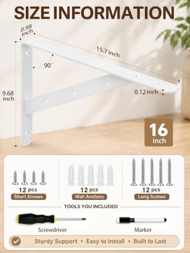 Shelf Brackets Heavy Duty, 4 Pack White 16inch Floating Shelf Bracket, Max Lo...
