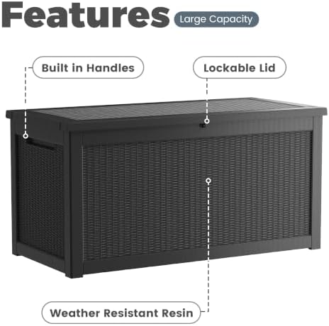 350 Gallon Outdoor Storage Box, Extra Large Waterproof Resin Deck Box with Lo...
