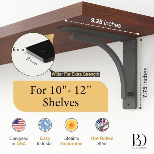 Classic Black Heavy Duty Shelf Brackets 10 inch by Balin Designs– L Bracket, ...