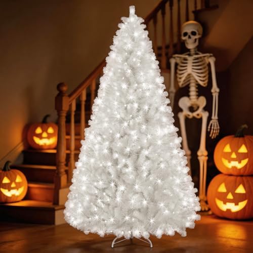 Prelit White Christmas Tree 6ft - White Halloween Tree with 300 LED Lights, 7...