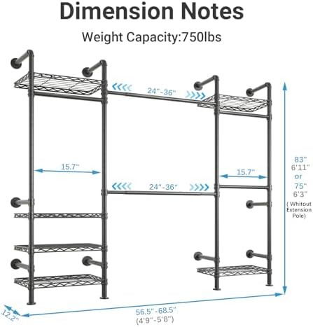 Timate F3 Medium Wall Mounted Clothes rack Expandable Closet, Industrial Pipe...