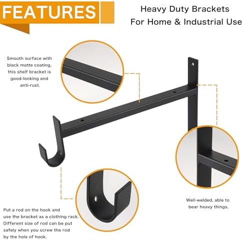 EZYDECOR Closet Rod Bracket Shelf Brackets with Hook Black 10 Inch 6 Pack