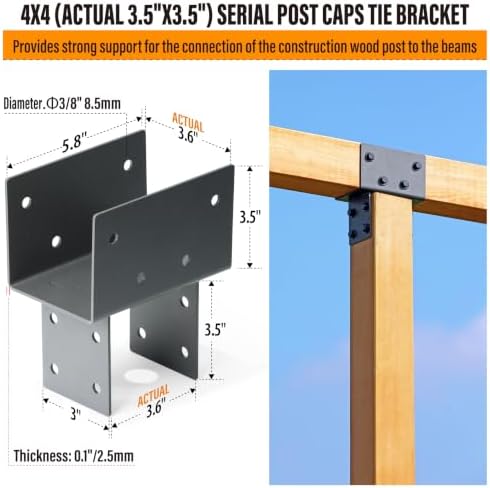 4pcs 4x4 (Actual 3.5"x3.5") Post Cap Tie Bracket, Heavy Duty Stainl...