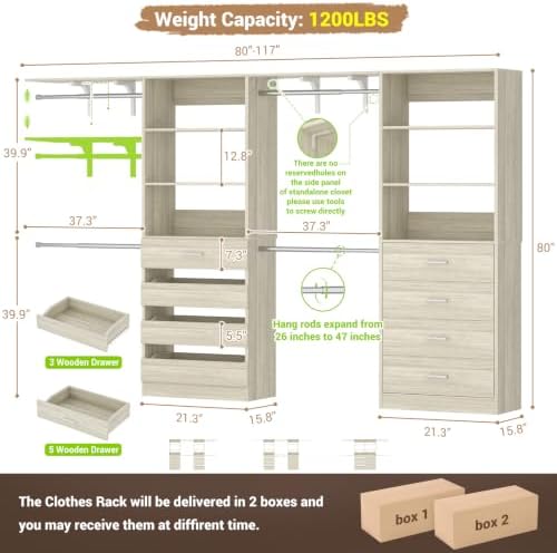 Aheaplus Closet System, Wood Closet Organizer System with 8 Drawers &4 Rods