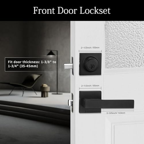 Matt Black Front Door Lockset, Exterior Door Lock with Deadbolt, Black Door H...