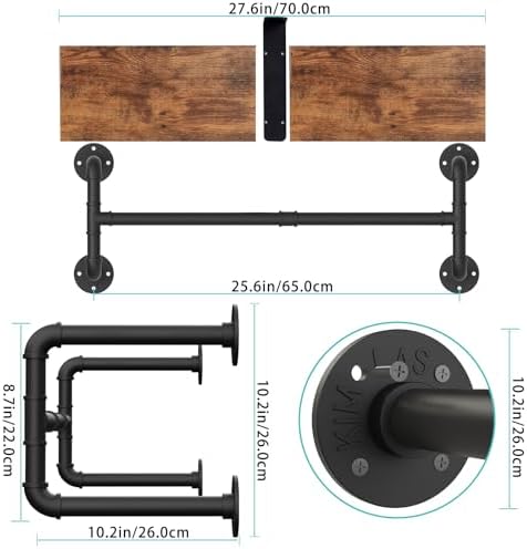 Yawinhe Industrial Pipe Clothing Rack with Shelves,Closet Rod,Rustic Brown