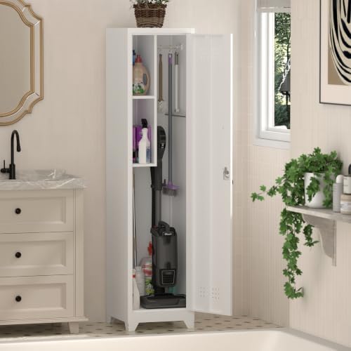 Slim Broom Storage Cabinets, Metal Cabinet with Shelves and Hanging Rod, 15.7...