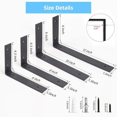 6-Pack Heavy Duty 12-Inch Black Shelf Brackets, L Shelf Bracket 12 Inch for F...
