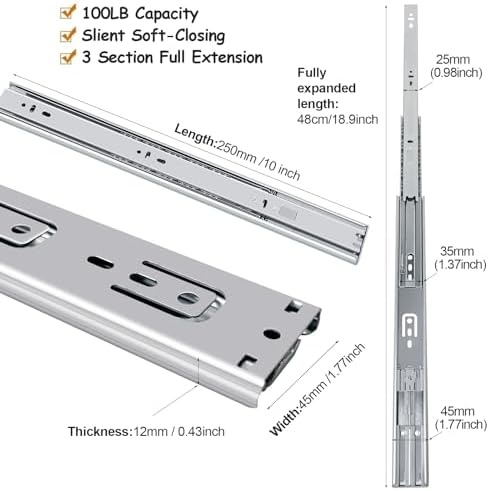 10 inch Soft Close Drawer Slides 6 Pairs Ball Bearing Full Extension Cabinet ...