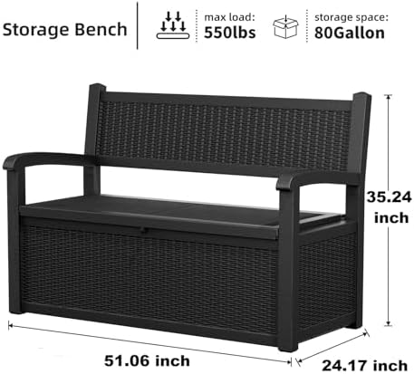 PatioZen 80 Gallon Outdoor Storage Bench Deck Box, Black